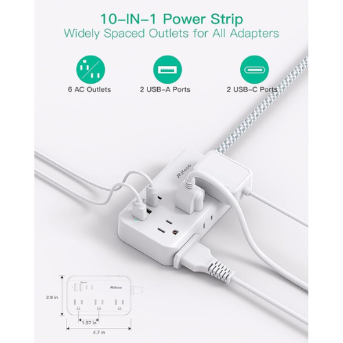 Power Strip Extension Cord – 6 Outlets + 4 USB (2 USB-C), 5FT Braided, Flat Plug