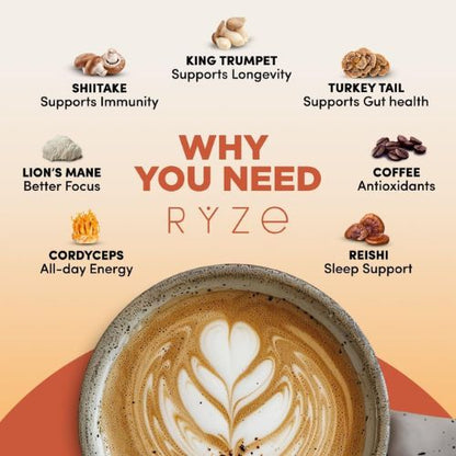 RYZE Organic Mushroom Coffee, Medium Roast, Adaptogenic Blend, 30 Servings