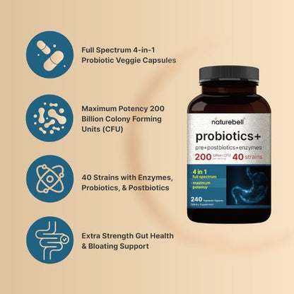NatureBell Probiotics 200 Billion CFU Per Serving, 40 Strains, 240 Capsules