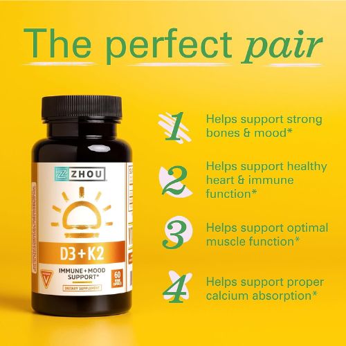 Zhou D3+K2 Supplement - 60 Veggie Capsules (Pack of 1)