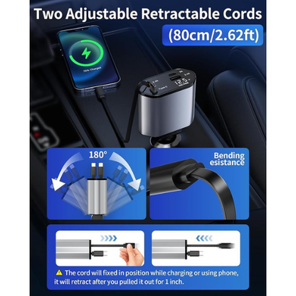 4-in-1 Retractable Car Charger – USB-C & USB-A Fast Charging