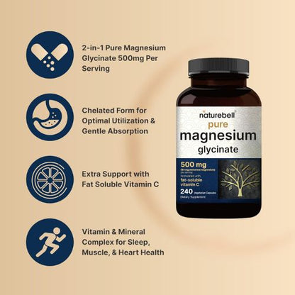 NatureBell Pure Magnesium Glycinate 500mg Per Serving, 240 Veggie Capsules