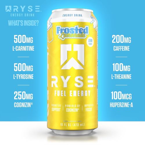 RYSE Fuel Energy Drink - Frosted Lemonade - Sugar Free - 200mg  16 fl oz Cans (12-Pack)