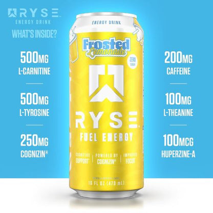 RYSE Fuel Energy Drink - Frosted Lemonade - Sugar Free - 200mg  16 fl oz Cans (12-Pack)
