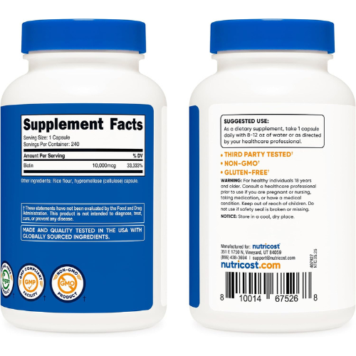 Nutricost Biotin (Vitamin B7) 10,000mcg (10mg), 240 Capsules, Quick Release