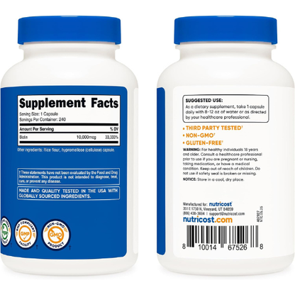 Nutricost Biotin (Vitamin B7) 10,000mcg (10mg), 240 Capsules, Quick Release