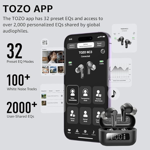 TOZO NC3 Wireless Earbuds – Hybrid ANC, 55H Playtime, IPX8