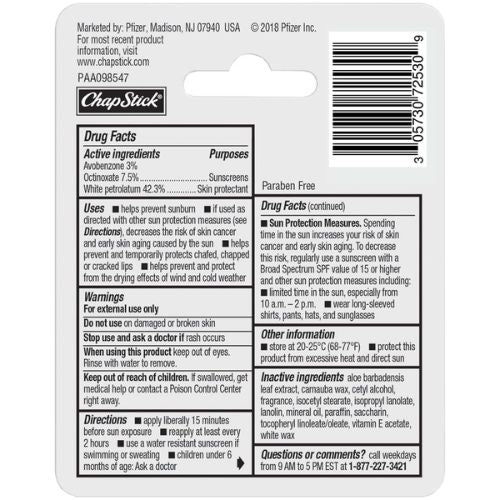 ChapStick Moisturizer Original Lip Balm Tubes, SPF 15 and Skin Protectant - 0.15 Oz (Pack of 3)