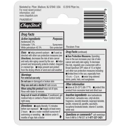 ChapStick Moisturizer Original Lip Balm Tubes, SPF 15 and Skin Protectant - 0.15 Oz (Pack of 3)