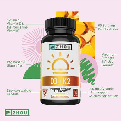 Zhou D3+K2 Supplement - 60 Veggie Capsules (Pack of 1)