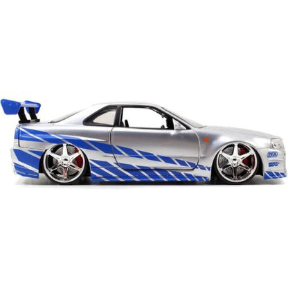 Jada Toys Fast & Furious Brian’s 2002 Nissan Skyline R34 Die-Cast Car – 1:24 Scale, Silver & Blue