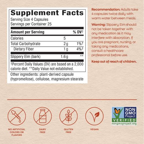Nature's Way Slippery Elm Bark Capsules, 1,600 mg per Serving, 100 ct