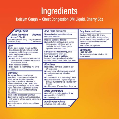 Delsym Cough + Chest Congestion Relief Liquid, Cherry Flavor, 6 FL OZ