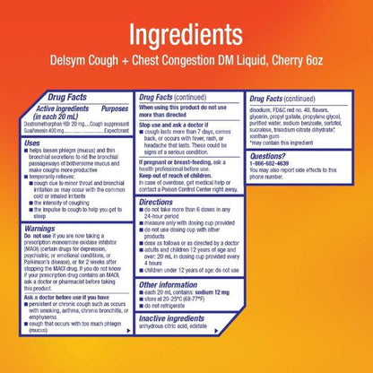 Delsym Cough + Chest Congestion Relief Liquid, Cherry Flavor, 6 FL OZ
