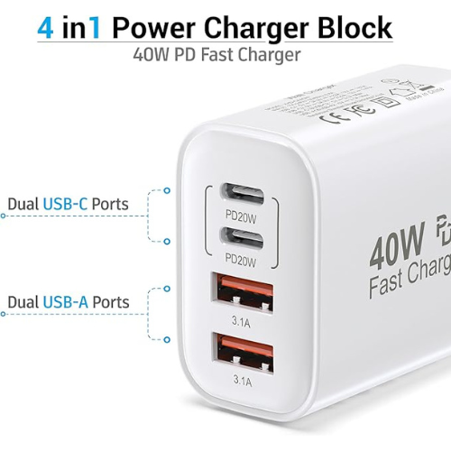 TT&C 40W USB-C Wall Charger – 4-Port PD+QC Fast Charging Block