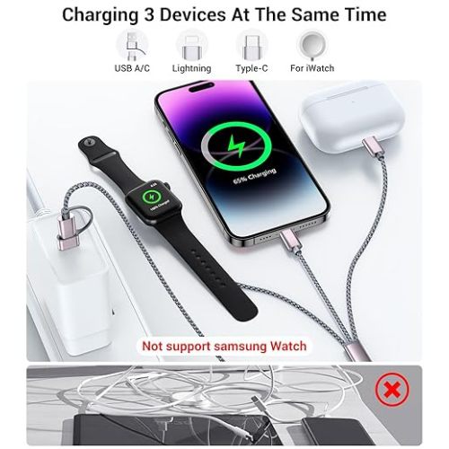 Temdan 3-in-2 USB-C Travel Cable – Apple Watch & iPhone Charger (4FT)