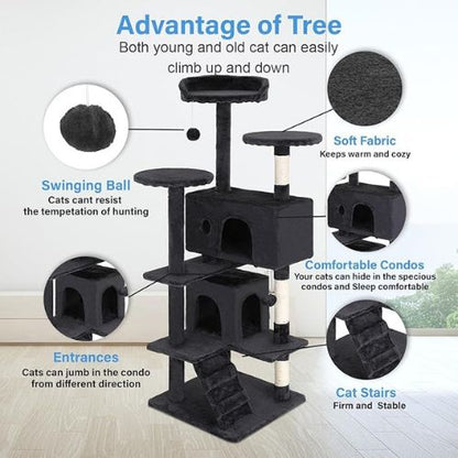 FDW Cat Tree – 54" Multi-Level Tower with Scratching Posts & Cozy Condo (Dark Gray)
