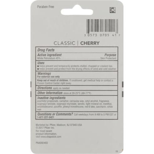 ChapStick Classic Skin Protectant Flavored Lip Balm Tube, Cherry Flavor, 0.15 Ounce (Pack of 3)