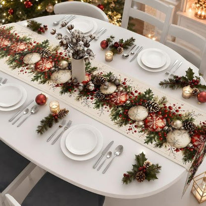 Xmas Balls Snowflake Pine Cone Table Runner