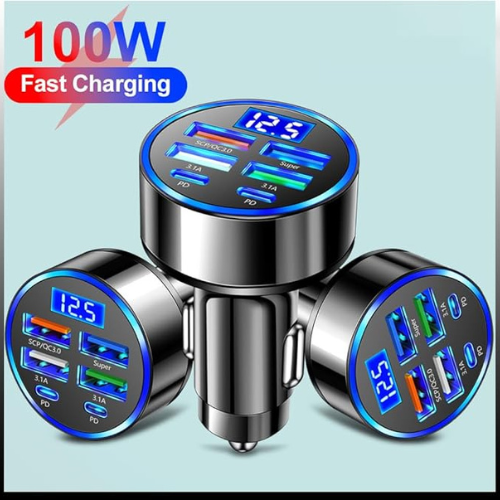 6-in-1 Multi-Port Car Charger – 2PD + 3USB + QC3.0, Voltage Detection
