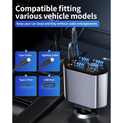 4-in-1 Retractable Car Charger – USB-C & USB-A Fast Charging