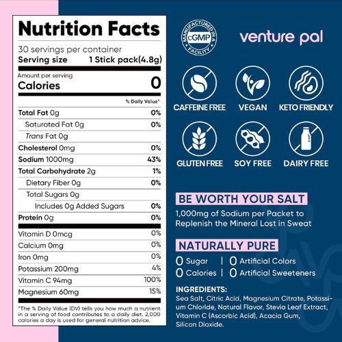 Venture Pal High Sodium Sugar Free Electrolytes Powder Packet, 30 Sticks