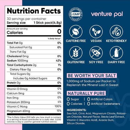 Venture Pal High Sodium Sugar Free Electrolytes Powder Packet, 30 Sticks