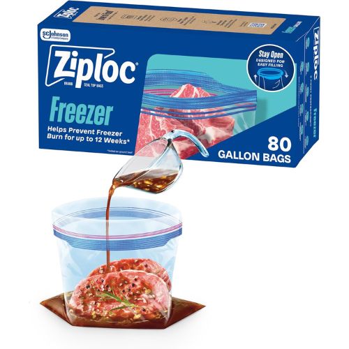 Ziploc Gallon Freezer Bags, Food Storage, Stand-Up Bottom, 80 Count