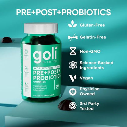 Goli Pre Pro Postbiotic Gummies - Worlds First 3-in-1 Formula 60 Gummies