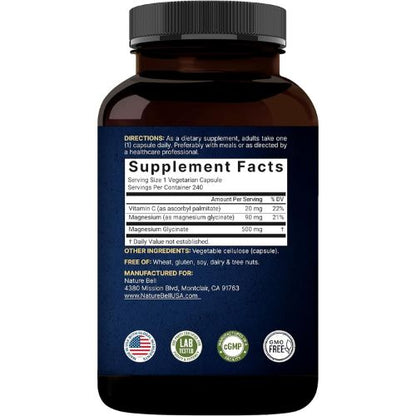 NatureBell Pure Magnesium Glycinate 500mg Per Serving, 240 Veggie Capsules