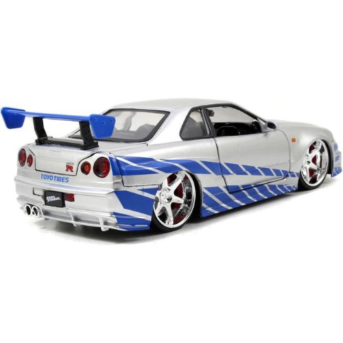 Jada Toys Fast & Furious Brian’s 2002 Nissan Skyline R34 Die-Cast Car – 1:24 Scale, Silver & Blue