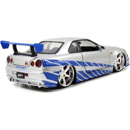Jada Toys Fast & Furious Brian’s 2002 Nissan Skyline R34 Die-Cast Car – 1:24 Scale, Silver & Blue