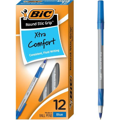 BIC Round Stic Grip Xtra Comfort Ballpoint Pen, Blue Ink, 12-Count