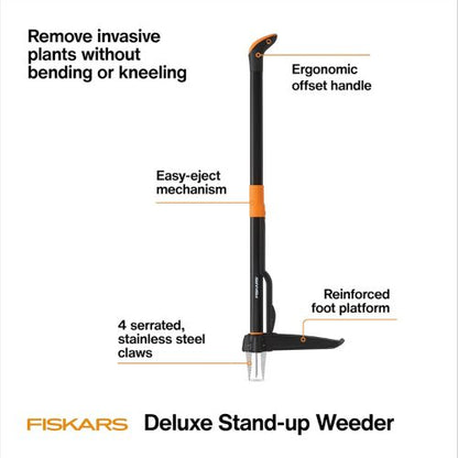 Fiskars Deluxe Stand-Up Weed Puller Tool, 4 Serrated Stainless Steel Claws