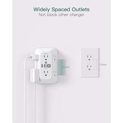 Addtam Surge Protector Wall Extender – 6 Outlets, 4 USB, 1800J