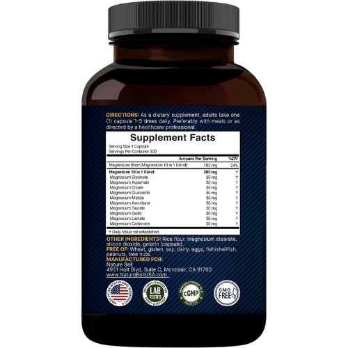 NatureBell Magnesium Complex 10-in-1, 500 mg Per Serving, 300 Capsules