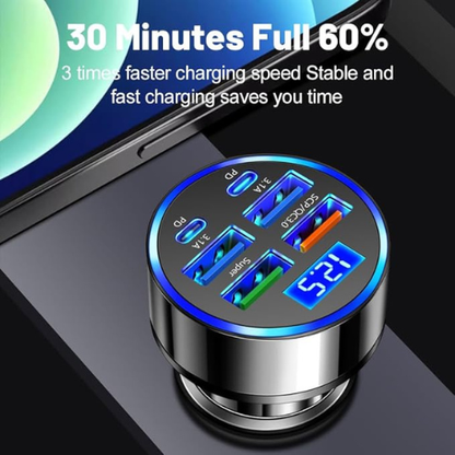 6-in-1 Multi-Port Car Charger – 2PD + 3USB + QC3.0, Voltage Detection
