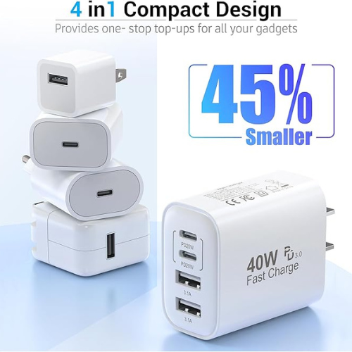 TT&C 40W USB-C Wall Charger – 4-Port PD+QC Fast Charging Block