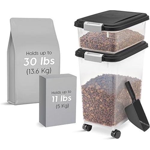 IRIS Pet Food Storage Combo – 30lb + 11lb Airtight Bins (Black)