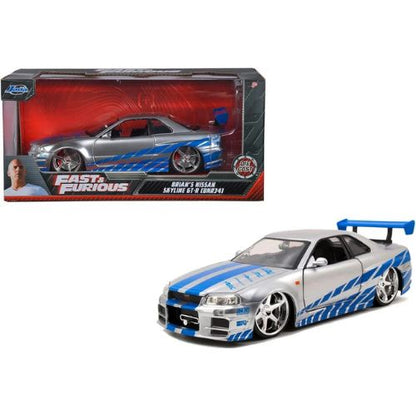 Jada Toys Fast & Furious Brian’s 2002 Nissan Skyline R34 Die-Cast Car – 1:24 Scale, Silver & Blue