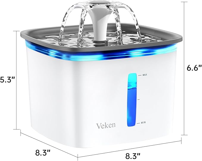Veken Pet Water Fountain – 95oz/2.8L, Automatic Dispenser with Filters (Grey)