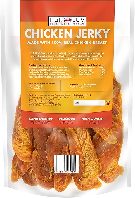 Pur Luv Chicken Jerky Treats – 16oz, 100% Real Chicken, High Protein
