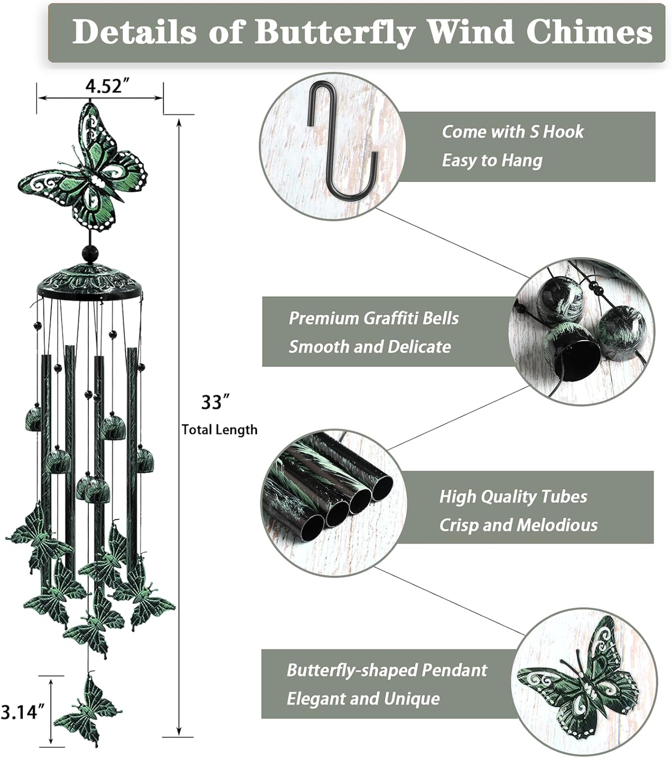 33" Green Butterfly Outdoor Wind Chimes